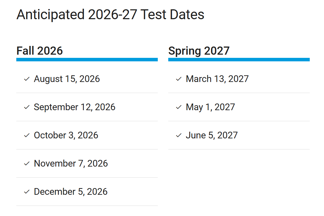 Anticipated 2026-27 Test Dates